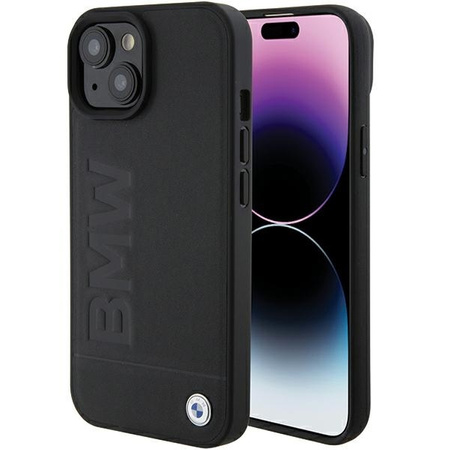 BMW Leder Hot Stamp Hülle für iPhone 15 Plus – Schwarz