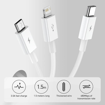 Baseus Superior 3w1 kabel USB - Lightning / USB Typ C / micro USB 3,5 A 1,5 m niebieski (CAMLTYS-03)