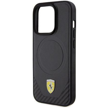 Ferrari Carbon Metal Logo MagSafe-Hülle für iPhone 15 Pro – Schwarz