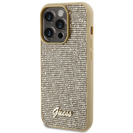 Guess Disco Metal Script Hülle für iPhone 15 Pro – Gold