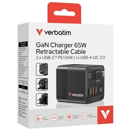 Verbatim Ładowarka sieciowa GaN 65W       2xUSB-C/USB-A + Adapter EU/UK/US czarny/black 32217