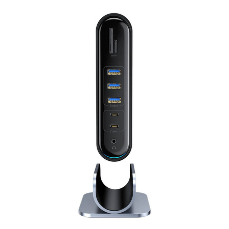 Baseus wielofunkcyjny HUB 3x USB 3.2 Gen 1 / 2x USB Typ C / czytnik kart SD i micro SD / AUX / 2x DisplayPort / 2x HDMI / RJ45 1Gbps Power Delivery 100W (wtyczki EU / CN / UK) szary (CAHUB-DG0G)