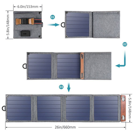 Choetech rozkładana podróżna ładowarka solarna słoneczna fotowoltaiczna 14W z USB 5V / 2,4A panel słoneczny szary (SC004)