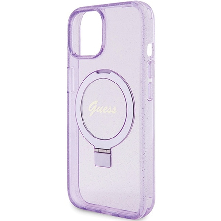 Guess Ring Stand Script Glitter MagSafe case for iPhone 15 - purple