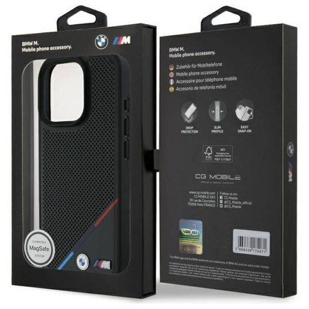 Original Handyhülle IPHONE 16 PRO MAX BMW Hardcase M Perforated Tricolor Line MagSafe (BMHMP16X23PUPDK) schwarz