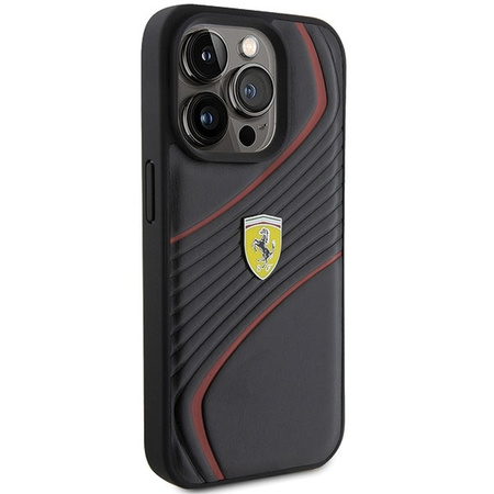 Ferrari Twist Metal Logo Hülle für iPhone 15 Pro – Schwarz