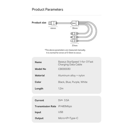 Baseus StarSpeed kabel 3w1 USB-A - Micro-USB / Lightning / USB-C 3.5A 1.2m biały