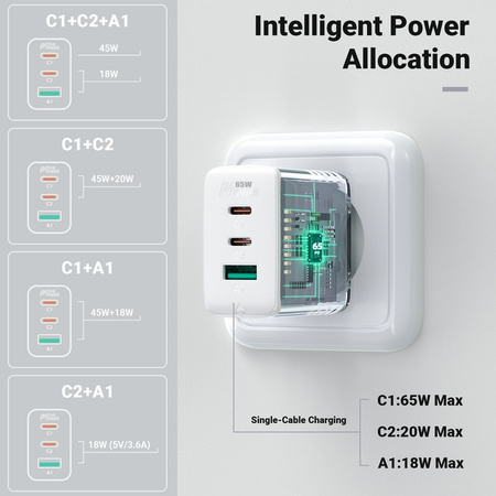 Acefast 2in1 Ladegerät 2x USB Type C / USB 65W, PD, QC 3.0, AFC, FCP (Set mit Kabel) schwarz (A13 schwarz)