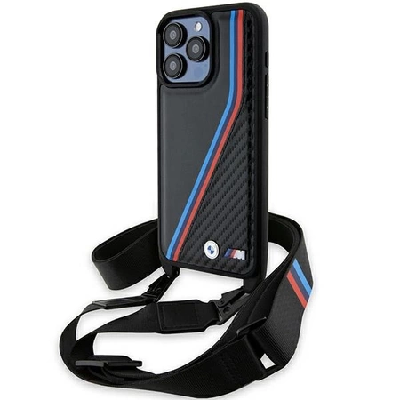 BMW M Edition Carbon Tricolor Lines &amp; Strap Hülle für iPhone 15 Pro Max – Schwarz