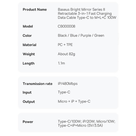 Baseus Bright Mirror 2 retractable cable 3in1 USB Type C - micro USB + Lightning + USB Type C 3.5A 1.1m green (CAMJ010206)