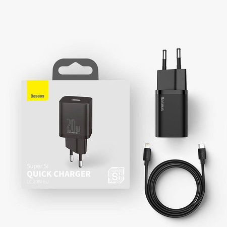 Baseus Super Si 1C szybka ładowarka USB Typ C 20 W Power Delivery + kabel USB Typ C - Lightning 1 m czarny (TZCCSUP-B01)