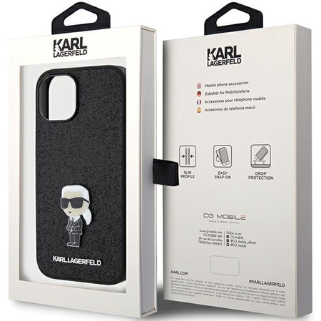 Karl Lagerfeld Fixed Glitter Ikonik Logo Metal Pin Hülle für iPhone 15 – Schwarz