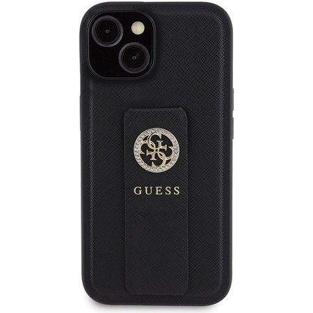 Etui Guess Grip Stand 4G Saffiano Strass na iPhone 15 - czarne