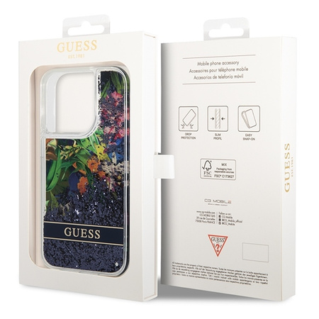 Guess Liquid Glitter Flower - Etui iPhone 14 Pro Max (niebieski)