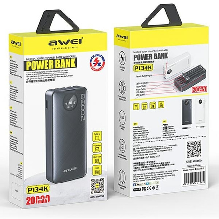 AWEI PowerBank P134K 20000mAh czarny/black wyświetlacz + kable USB/PD/Lightning/MicroUSB