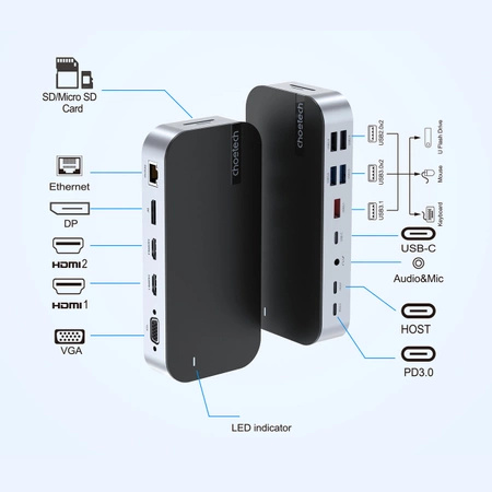 HUB Choetch M52 USB-C - USB-C PD/USB-C/USB-A/HDMI/VGA/DP/SD/TF/RJ45/AUX - gray