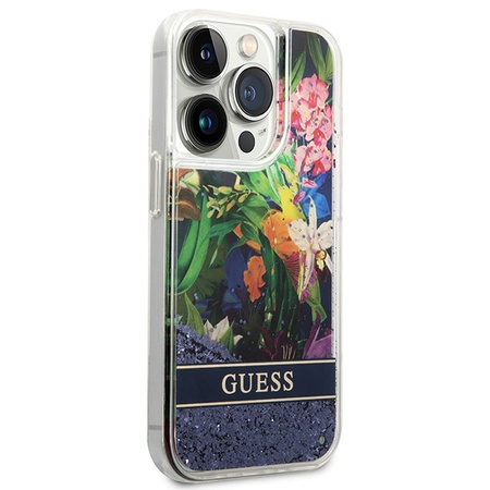 Schutzhülle IPHONE 14 PRO Guess Hardcase Flower Liquid Glitter blau