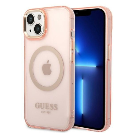 Guess nakładka do iPhone 14 6,1" GUHMP14SHTCMP różowa HC Magsafe Gold Outline Translucent