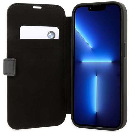 Original Case IPHONE 14 PRO BMW Bookcase Leather Stamp Blue Lines (BMBKP14L22RVSK) black