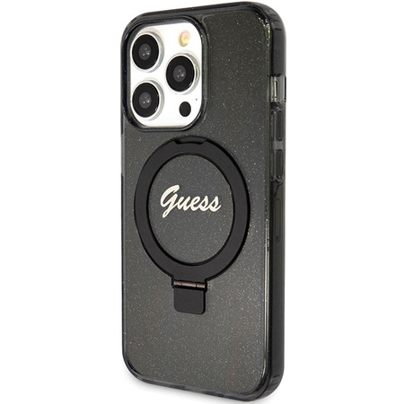 Guess Ring Stand Script Glitter MagSafe case for iPhone 15 Pro - black