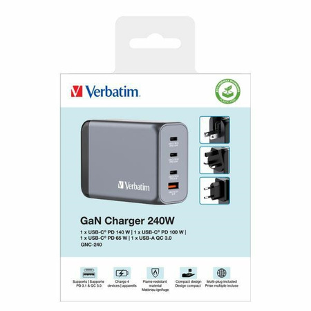 Verbatim Ładowarka sieciowa GaN 240W 3xUSB-C/USB-A + Adapter EU/UK/US GNC-240 32205