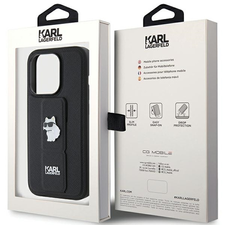 Karl Lagerfeld Gripstand Saffiano Choupette Pins case for iPhone 15 Pro Max - black