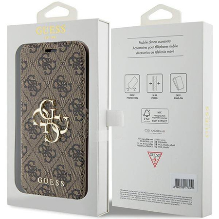 Oryginalne Etui IPHONE 13 / 14 / 15 Guess Book 4G Metal Gold Logo (GUBKP15S4GMGBR) brązowe