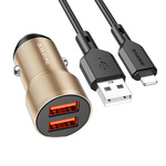 Borofone Ładowarka samochodowa BZ19 Wisdom - 2xUSB - 12W z kablem USB na Lightning złota