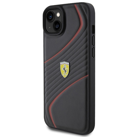 Ferrari Twist Metal Logo-Hülle für iPhone 15 Plus – Schwarz