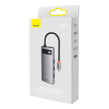 Baseus Metal Gleam Series stacja dokująca HUB 6 w 1 USB Typ C - 1 x HDMI / 3 x USB 3.2 Gen. 1 / 1 x Power Delivery / 1 x VGA szary (WKWG030013)