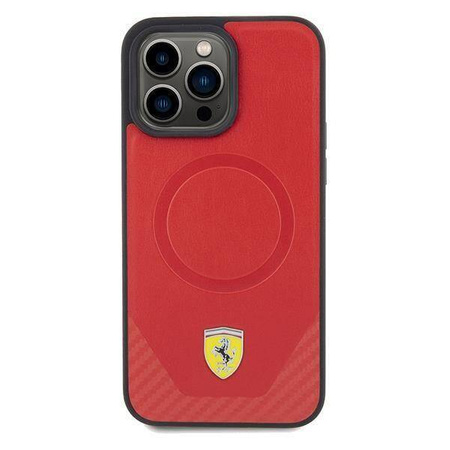 Original Handyhülle APPLE IPHONE 15 PRO Ferrari Hardcase Carbon Metal Logo MagSafe (FEHMP15LPTER) rot