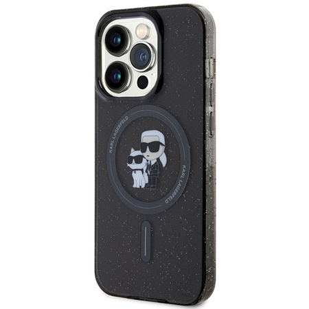 Karl Lagerfeld Karl&amp;Choupette Glitter MagSafe Hülle für iPhone 15 Pro – Schwarz