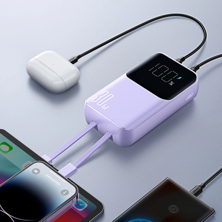 Joyroom JR-PBC07 20000mAh 30W mini power bank with USB-C and Lightning cables - purple