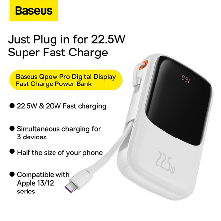 Baseus Qpow power bank 10000mAh built-in USB Type-C cable 22.5W Quick Charge SCP AFC FCP white (PPQD020102)