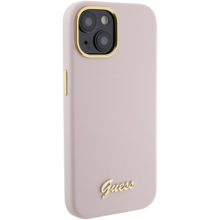 Guess Silicone Script Metal Logo &amp; Frame case for iPhone 15 - pink