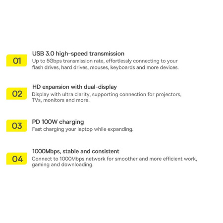 Baseus Metal Gleam Series Dockingstation HUB 9 in 1 USB Typ C - 2 x HDMI / 2 x USB 3.2 Gen. 1/1 x USB 2.0 / 1 x Stromversorgung / 1 x SD-Kartenleser / 1 x TF-Kartenleser / 1 x RJ-45 grau (WKWG060013)