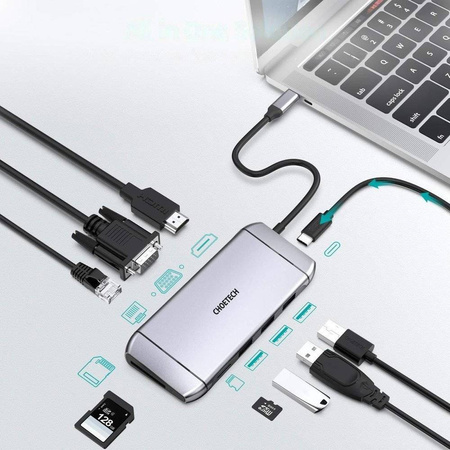 Choetech 9w1 wielofunkcyjny HUB USB Typ C - 3x USB 3.2 Gen 1 / czytnik kart SD i TF / HDMI 4K 30Hz / VGA Full HD 60Hz / USB Typ C / RJ45 szary (HUB-M15 gray)