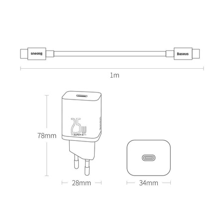 Baseus Super Si szybka ładowarka sieciowa Quick Charge 3.0 Power Delivery 25W 3A + Kabel USB Typ C - USB Typ C 3A 1m czarny (TZCCSUP-L01)