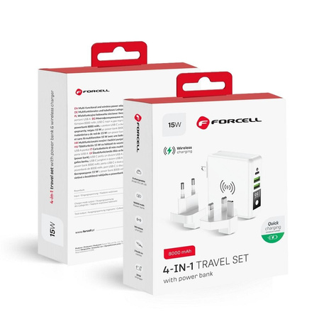 Forcell Wielofunkcyjna Ładowarka 4w1 15W ze złączami USB/USB typ C, power bankiem 8000mAh i ładowaniem bezprzewodowym