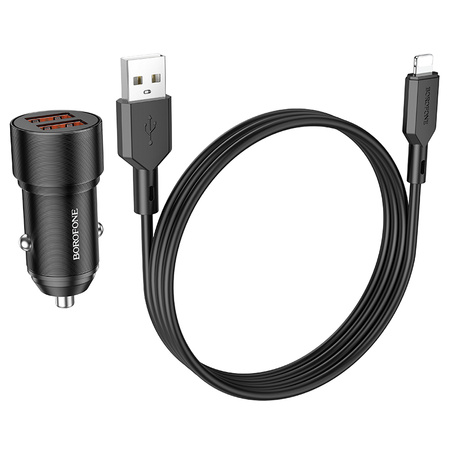 Borofone Ładowarka samochodowa BZ19 Wisdom - 2xUSB - 12W z kablem USB na Lightning czarna