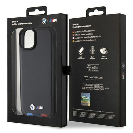 BMW BMHCP15M22PTDK iPhone 15 Plus 6,7&quot; schwarz/schwarzer Lederstempel Tricolor