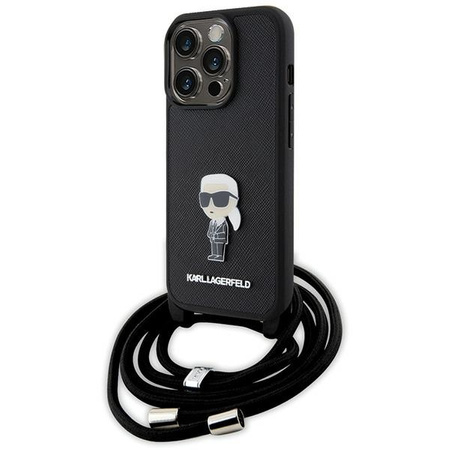 Karl Lagerfeld Umhängetasche mit Saffiano-Monogramm und Metallnadel, Karl &amp; Choupette-Hülle für iPhone 15 Pro – Schwarz