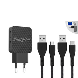 Energizer HardCase - Kompaktowa ładowarka sieciowa 2x USB-A + Kabel USB-C & Micro USB (Czarny) dożywotnia gwarancja
