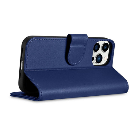 iCarer Wallet Case 2in1 etui iPhone 14 Pro Max skórzany pokrowiec z klapką Anti-RFID niebieski (WMI14220728-BU)