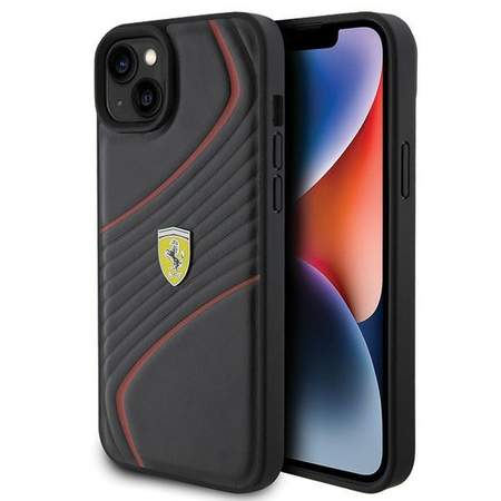 Ferrari Twist Metal Logo-Hülle für iPhone 15 Plus – Schwarz