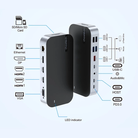 HUB Choetech M52 USB-C - USB-C PD/USB-C/USB-A/HDMI/VGA/DP/SD/TF/RJ45/AUX - szary