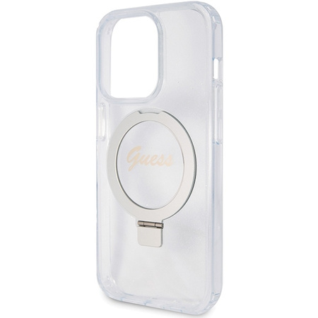 Guess Ring Stand Script Glitter MagSafe case for iPhone 15 Pro Max - transparent