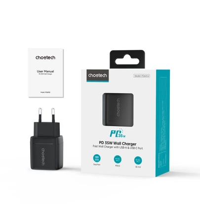 Choetech PD6052 USB-C USB-A PD 35W GaN Wandladegerät mit Display – Schwarz