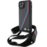 BMW M Edition Carbon Tricolor Lines &amp; Strap Hülle für iPhone 15 Plus / 14 Plus – Schwarz