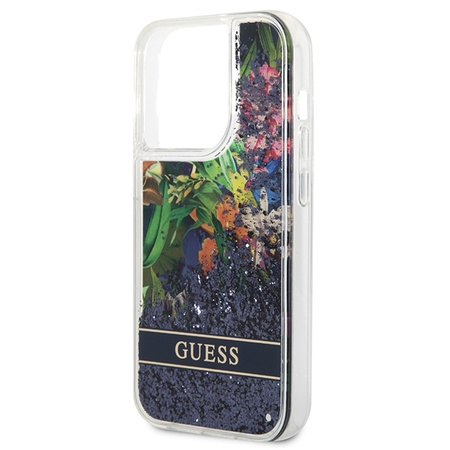 Schutzhülle IPHONE 14 PRO Guess Hardcase Flower Liquid Glitter blau